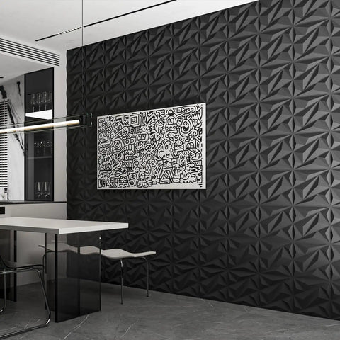 Room with 33 Pack Dope 3D Diamond Wall Panels For Interior Decor With PVC Flower Texture Easy DIY Accent Wall Panels For Living Room Lobby Bedroom Hotel And Office Black 12x12 Inches Covering 32 Sq Ft installed.