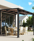 8x10 Foot Wall Mounted Gazebo Pergola for Patio with black sloped roof, outdoor dining setup, attached to house, heavy duty shelter