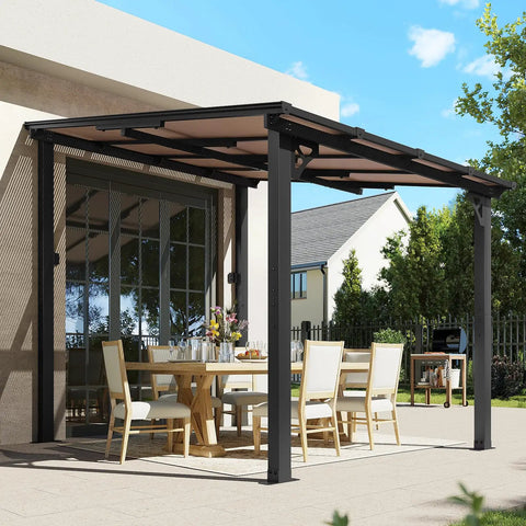 8x10 Foot Wall Mounted Gazebo Pergola for Patio with black sloped roof, outdoor dining setup, attached to house, heavy duty shelter