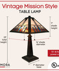 Cool Tiffany Style Table Lamp With Stained Glass Shade Geometric Mission Night Light Blue White Brown Glass 23 Inch Tall Vintage Lamp For Nightstand And Living Room, image shows vintage design with measurements.