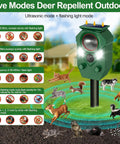 Outdoor Ultrasonic Animal Repeller With PIR Motion Sensor And Flashing Light Solar Powered Yard Guard Deterrent For Deer Rabbits Squirrels Raccoons Skunks And Dogs IP65 Waterproof One Pack, green solar stake