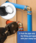 Cinch Clamp Rings Three Quarter Inch Stainless Steel 50 Pack Premium Quality PEX Cinch Clamps For Plumbing Installations shown on blue and orange PEX tubing with crimping tool.
