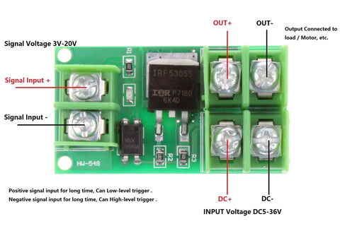 Isolated MOSFET Switch Module Pack of 2 with high low level trigger, showing input-output connections for DC control 5-36V output, 3-24V input
