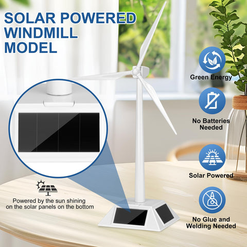 Solar Powered Windmill Kit for Desk and Home Decor, Rotating Wind Turbine Model shown on a wooden table.