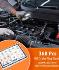 Copper Crush Washers Kit For Oil Drain Plugs, 360 Pieces In 18 Sizes M6–M24, shown in automotive engine setting.