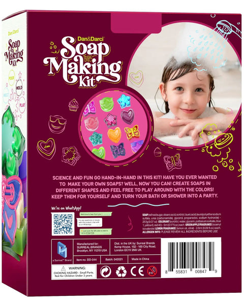 Back packaging of Soap Making Kit For Kids Create 8 Colorful Soaps With Fragrance And Glitter Using Four Molds A Kid Approved.