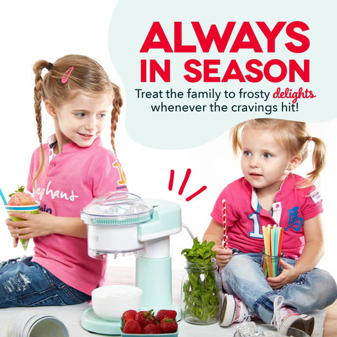 Countertop Shaved Ice Maker Whip Up Fresh Snow Cones And Frosty Slushies Quick Like That, aqua machine with kids preparing treats.