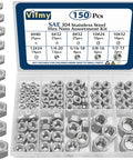 SAE Hex Nuts Assortment Kit 150 Piece Stainless Steel 304 Hardware Nuts Set With Ten Sizes From 4-40 To 1/2-13 in box