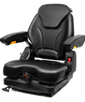 Front view of TICSEA tractor suspension seat in black vinyl with high-back, adjustable backrest, armrests, and seatbelt