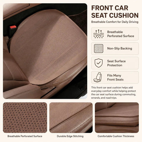 Breathable Car Seat Cushion Pad With Non Slip PU Surface For Mini Cooper SE Convertible And SUVs in light brown color, revealing perforated design.