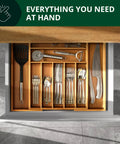 No Drama Heavy Duty Bamboo Kitchen Drawer Organizer And Wide Cutlery Tray with forks, spoons, and knives neatly arranged.