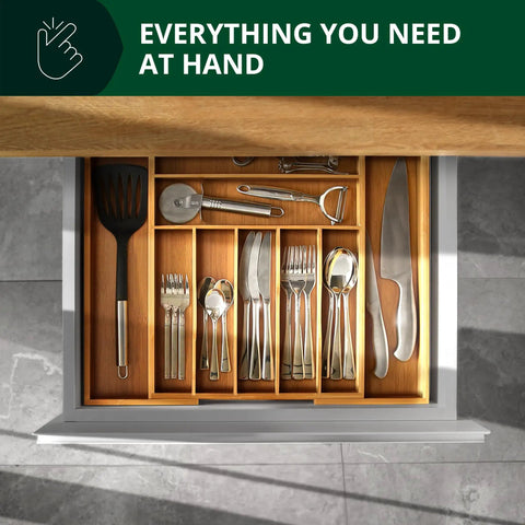 No Drama Heavy Duty Bamboo Kitchen Drawer Organizer And Wide Cutlery Tray with forks, spoons, and knives neatly arranged.