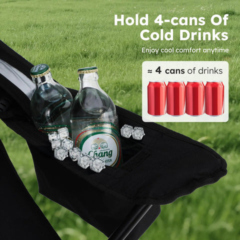 Heavy Duty Folding Chairs With Built In 4 Can Cooler Bag And Cup Holders showing cooler holding drinks with ice, 250 lbs capacity