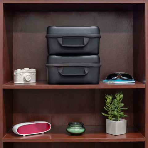 Heavy Duty Electronics Travel Crate With Custom Padded Dividers For Cables Chargers And Wireless Mouse Semi Rigid Hard Shell Case displayed on shelf.
