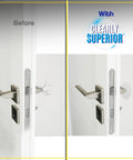 Before and after image showcasing door handle repair, highlighting sleek design and damage-free results.