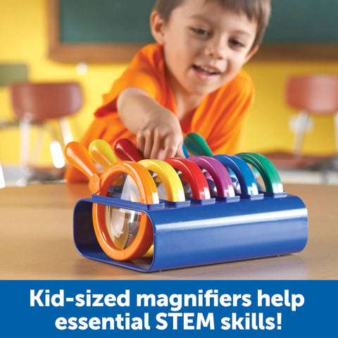Child using Six Jumbo Science Magnifiers With Stand For Kids Ages 3 Plus, Kid Friendly Classroom Observation Tools with colored lenses.