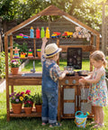 Outdoor Mud Kitchen For Kids With Canopy Wooden Pretend Play Kitchen Chalkboard Four Stoves Removable Sink Montessori Toy