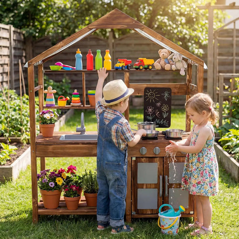 Outdoor Mud Kitchen For Kids With Canopy Wooden Pretend Play Kitchen Chalkboard Four Stoves Removable Sink Montessori Toy