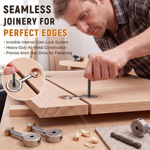 8 Piece Countertop Connector Bolts Kit With Hex Wrench For Fast, Easy Countertop Installations And DIY Friendly Furniture Assembly Includes All Necessary Fasteners, Spare Parts, And Tools For Quick Repairs And Projects, shown in wood countertop joinery