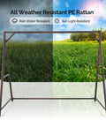 7 Foot Rattan Porch Swing Frame Heavy Duty Outdoor Stand With Metal Frame 4 Hanging Rings Sturdy Built To Last For Stability A Frame Design For Backyard Patio Or Garden Up To 1200 Lbs, shown in all-weather conditions highlighting rain and sun resistance.