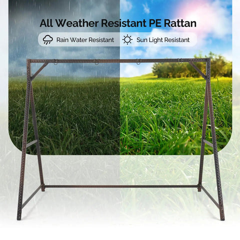 7 Foot Rattan Porch Swing Frame Heavy Duty Outdoor Stand With Metal Frame 4 Hanging Rings Sturdy Built To Last For Stability A Frame Design For Backyard Patio Or Garden Up To 1200 Lbs, shown in all-weather conditions highlighting rain and sun resistance.