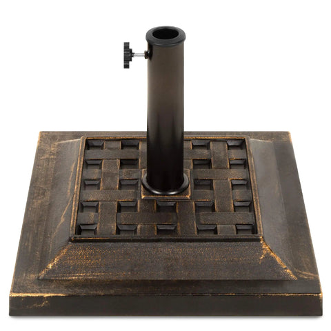 Heavy Duty 26 Pound Steel Patio Umbrella Stand With Bronze Finish Square Base Decorative Basket Weave Pattern Weather Resistant Resin