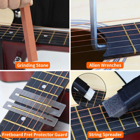 All-In-One 106-Piece Guitar Tool Kit With Capo, Strings, Picks, Bridge Pins, showing grinding stone, Allen wrenches, fret protector, string spreader.