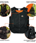 Front view of Chill Its 6260 cooling vest with zipper closure, stretch panels, and adjustable buckle, Size Large XL.