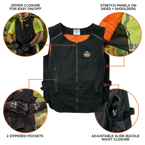 Front view of Chill Its 6260 cooling vest with zipper closure, stretch panels, and adjustable buckle, Size Large XL.