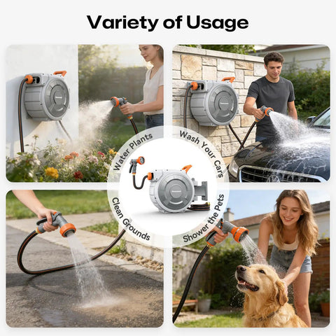 Various uses of Tough As Nails Retractable Garden Hose Reel With Eighty Five Feet One Half Inch Hose, washing car, watering plants, cleaning