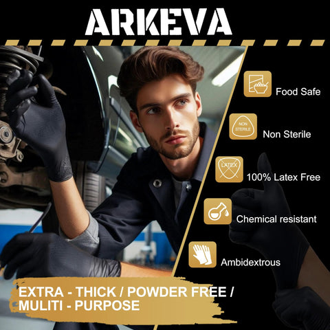 ARKEVA black nitrile disposable gloves, 9 mil, large size, latex-free, powder-free, raised diamond texture