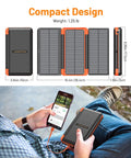 Massive 46800mAh Solar Power Bank With Built In Cables USB C Micro Lightning USB A Cable 3 Foldable Solar Panels shown in compact design.