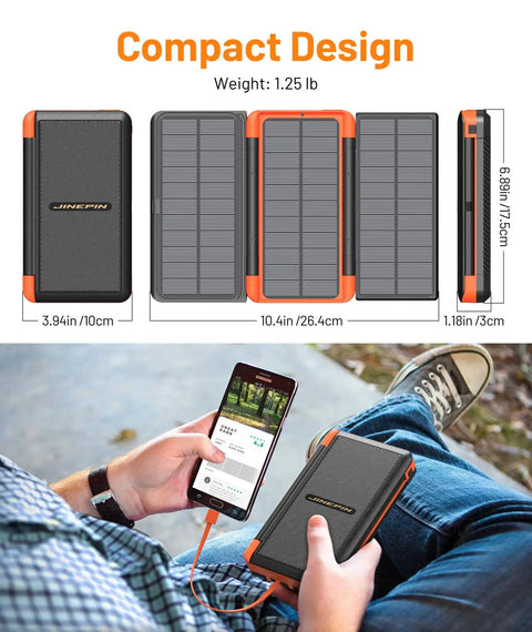 Massive 46800mAh Solar Power Bank With Built In Cables USB C Micro Lightning USB A Cable 3 Foldable Solar Panels shown in compact design.