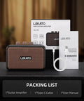 Portable 5W Mini Guitar Amplifier With Dual Speakers, Rechargeable Bluetooth Practice Amp, brown finish, packaging view
