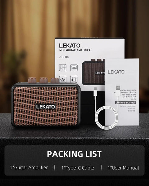 Portable 5W Mini Guitar Amplifier With Dual Speakers, Rechargeable Bluetooth Practice Amp, brown finish, packaging view