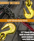 G80 Half Inch Twenty Foot Transport Chain With Clevis Grab Hooks Tow Chain Heavy Duty 12000 Lbs Safe Working Load For Truck Trailers and Construction Equipment with close-up of clevis grab hook