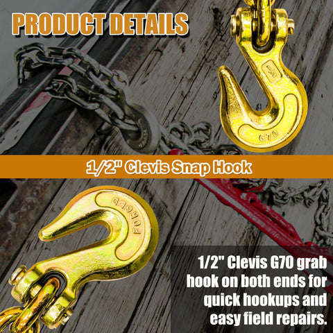 G80 Half Inch Twenty Foot Transport Chain With Clevis Grab Hooks Tow Chain Heavy Duty 12000 Lbs Safe Working Load For Truck Trailers and Construction Equipment with close-up of clevis grab hook