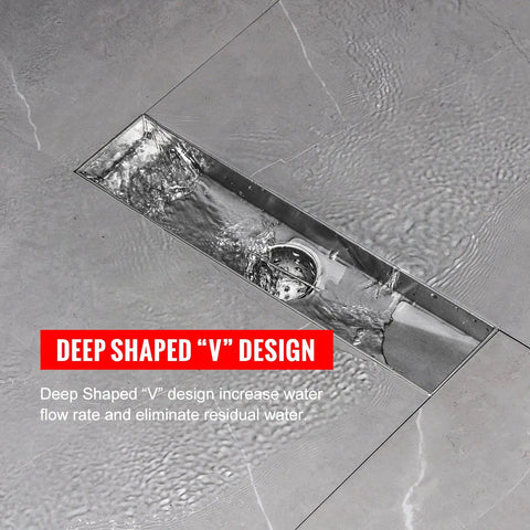 Linear Shower Drain 12 Inch Tile Insert With 2 In 1 Panels 304 Stainless Steel Brushed Finish in use with water flow