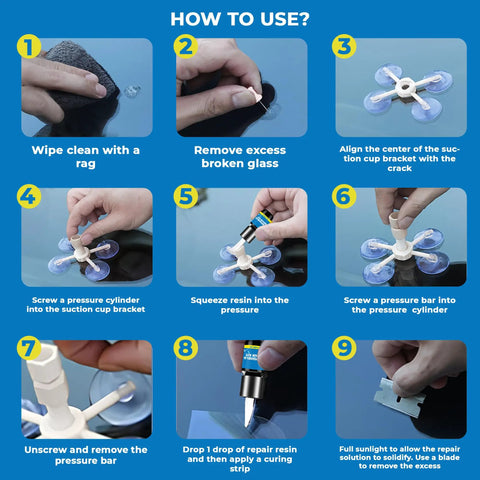 Eight-step instructional guide for using Windshield Crack Repair Kit Three Bottles Nano Quick Fix Glass Repair Liquid.