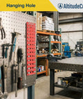 Workshop with Thread Checker And Bolt Gauge For Metric And Standard Threads, tools hanging on wall, and industrial equipment.