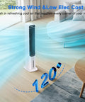 3-in-1 Windowless Evaporative Cooler Tower Fan with remote in a living room, showing cool air flow and 120-degree oscillation.