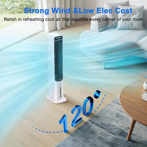 3-in-1 Windowless Evaporative Cooler Tower Fan with remote in a living room, showing cool air flow and 120-degree oscillation.