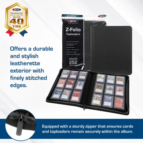 9-Pocket LX Top Loader Binder in Black Leatherette, archival safe, holds 252 standard 3x4 toploaders, open with cards visible.