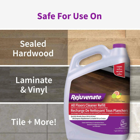 All Floors Cleaner Refill Safe For Sealed Hardwood Tile Vinyl Laminate And More with citrus scent, 1-gallon bottle.