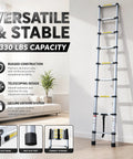 10.5 Ft Telescoping Aluminum Ladder Lightweight Extension For Diy And Home Projects, Rust Resistant Thickened Tubes, Built For Stability, EN131 Compliant, Portable And Easy To Carry, Multi Position, Anti Slip Feet. shown extended indoors