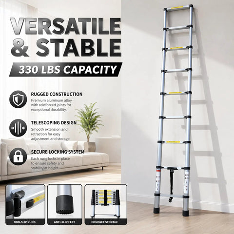 10.5 Ft Telescoping Aluminum Ladder Lightweight Extension For Diy And Home Projects, Rust Resistant Thickened Tubes, Built For Stability, EN131 Compliant, Portable And Easy To Carry, Multi Position, Anti Slip Feet. shown extended indoors
