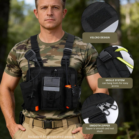 Man wearing Work Ready Radio Chest Harness for Walkie Talkies, Adjustable Nylon Chest Rig with Pouch, Durable Water Resistant Gear Carrier