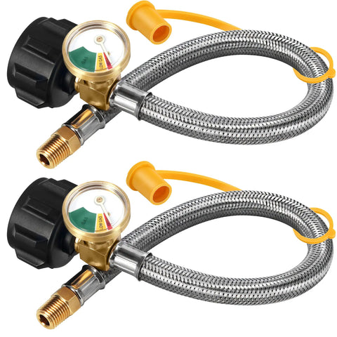 Stainless Steel Braided RV Propane Hoses With Gauge 15 Inch Length Pack Of 2 For Camper Tanks To Standard Two Stage Regulator One Quarter Inch ID NPT QCC1 Fittings Toolless Hookup Gas Pigtail Hose