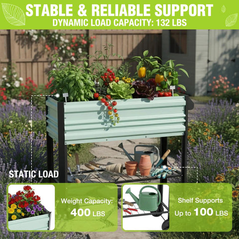 Galvanized Raised Garden Bed On Legs With Wheels For Easy Mobility, Elevated Planter Box Measures 37 By 14.6 By 31.6 Inches, 400 Lb Load Capacity Plus 100 Lb Bottom Shelf, Perfect For Garden, Backyard, Patio Or Deck, Light Green filled with plants in garden setting.