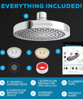 SparkPod 6-inch chrome rainfall shower head, front view with included accessories (flow restrictor, washer, tape).
